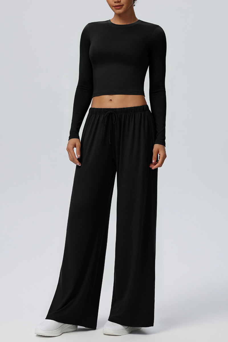 Women's Crew Neck Cropped Top and Casual Pants 2 Piece Set