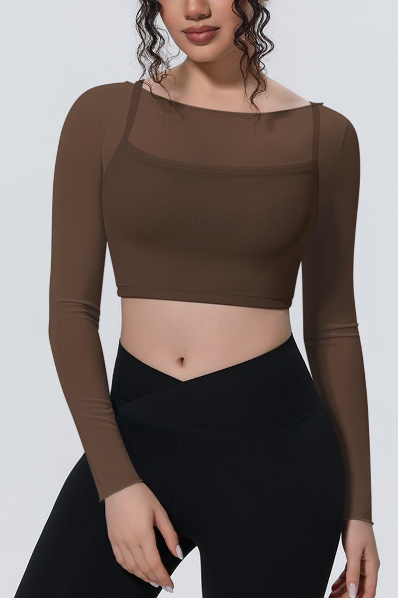 Women's Mesh Stitched Mock Two-Piece Long Sleeve T-shirt