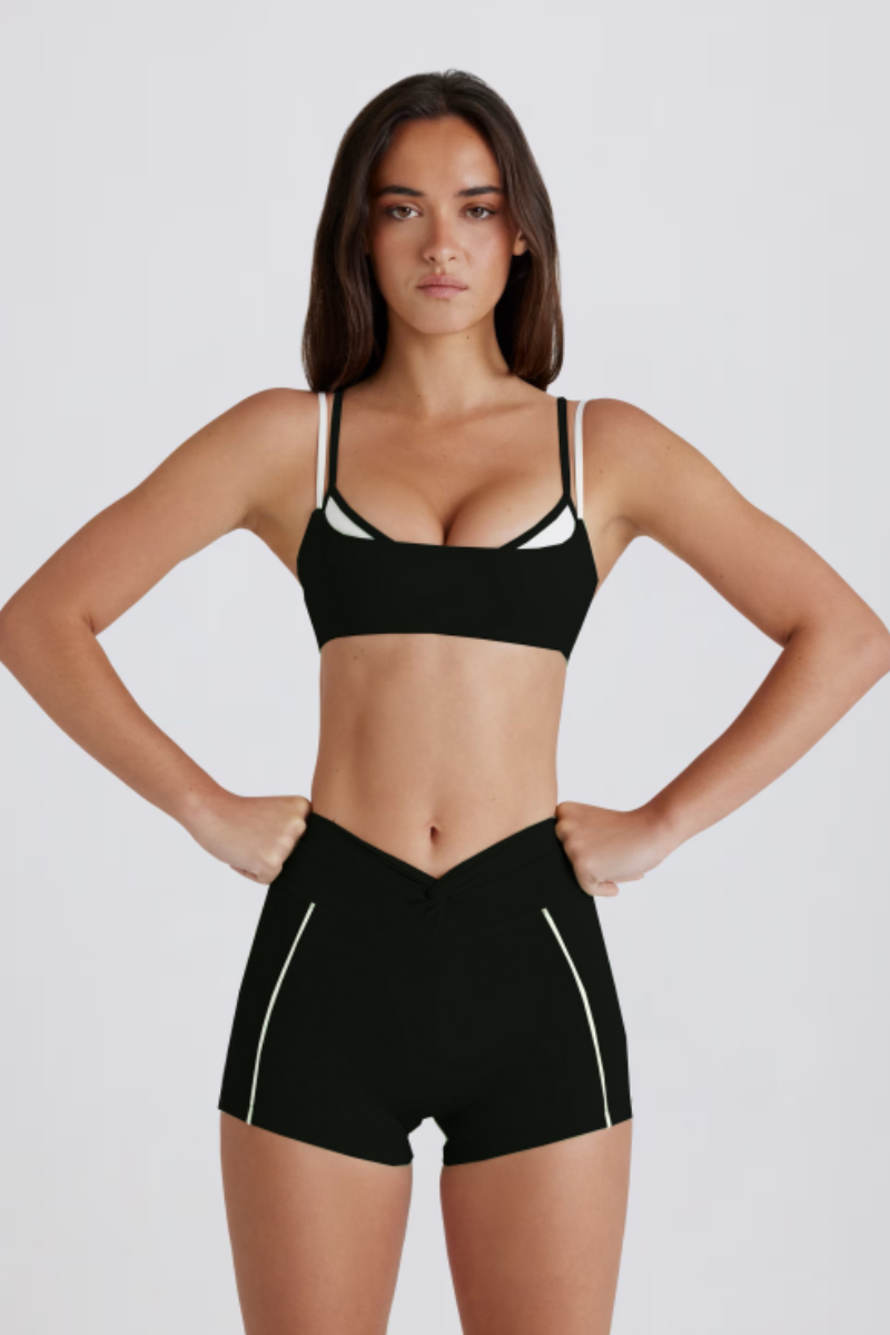 Women's Color Block Twist-Back Bra & V Waist Shorts Set