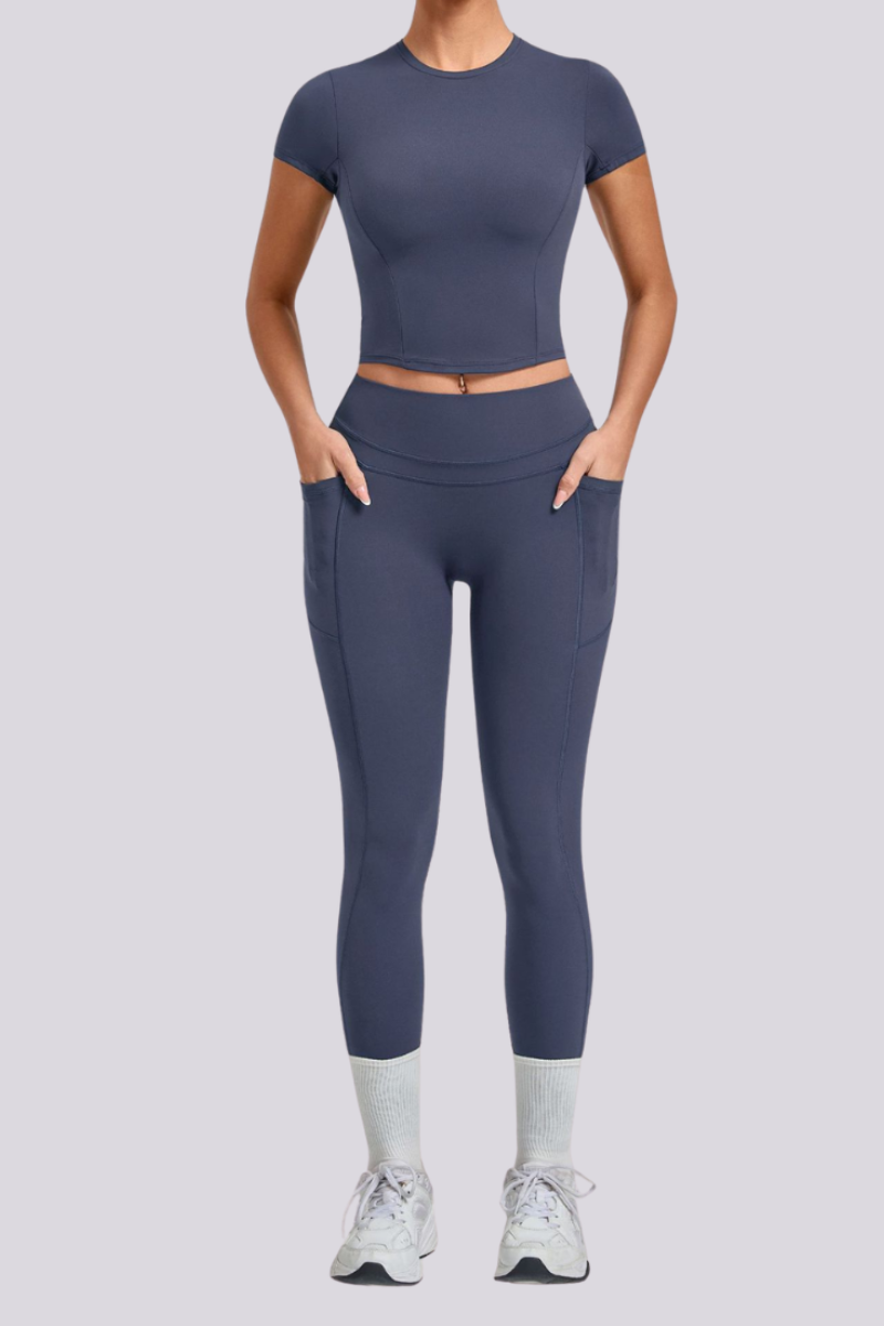 Women's Crew Neck T-shirt Pocket Leggings Yoga 2 Piece Set