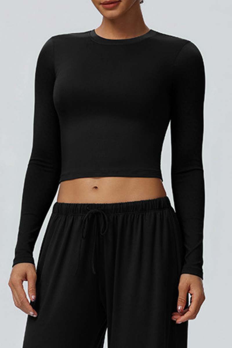 Women's Crew Neck Cropped Long Sleeve Athletic Top