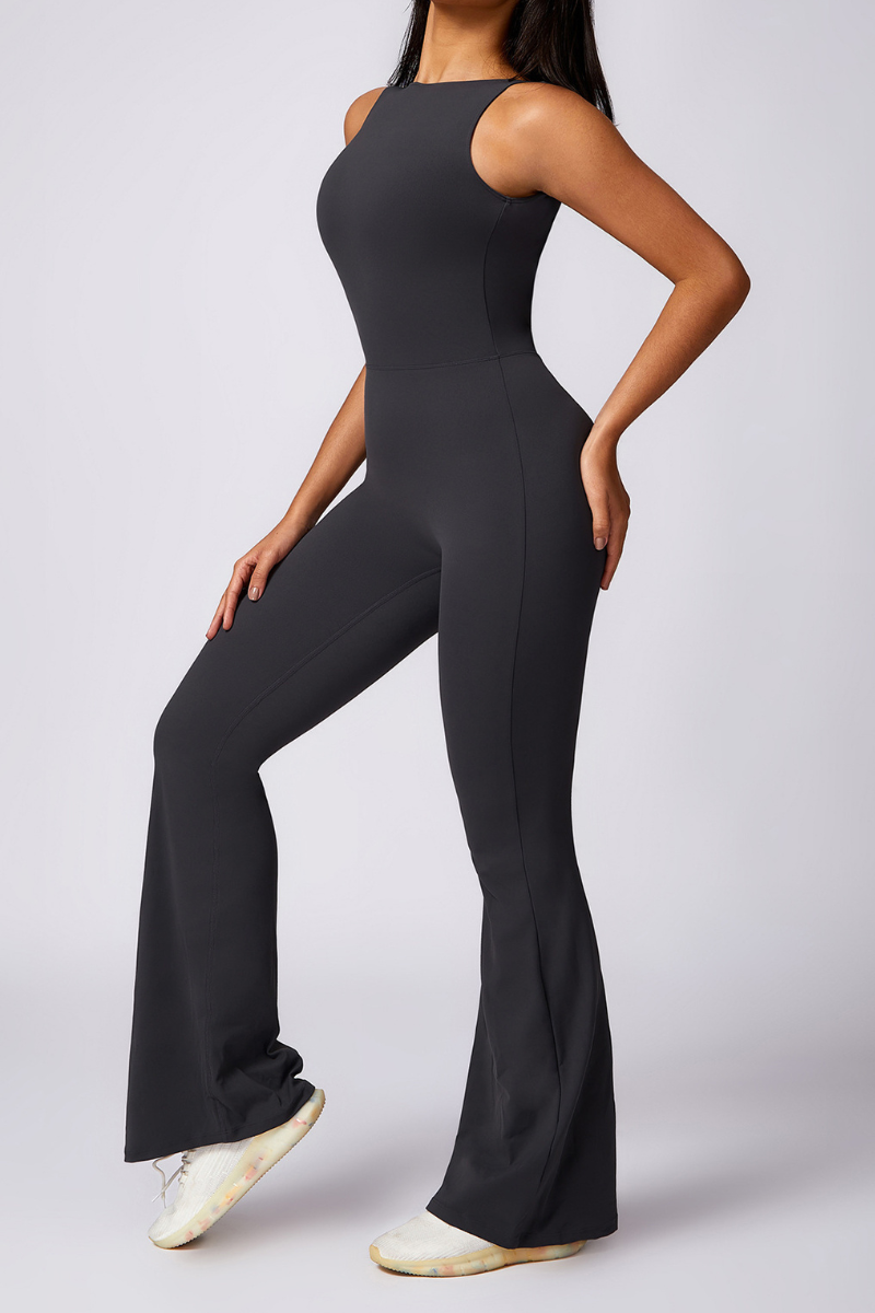 Women Pleated Buttocks Lift Padded Flared Leg Yoga Jumpsuit