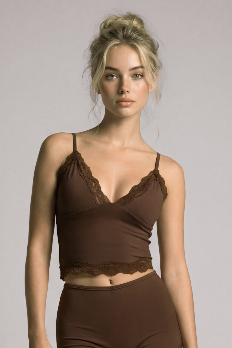 Women's Lace V-Neck Thin Strap Crop Pilates Top with Lace