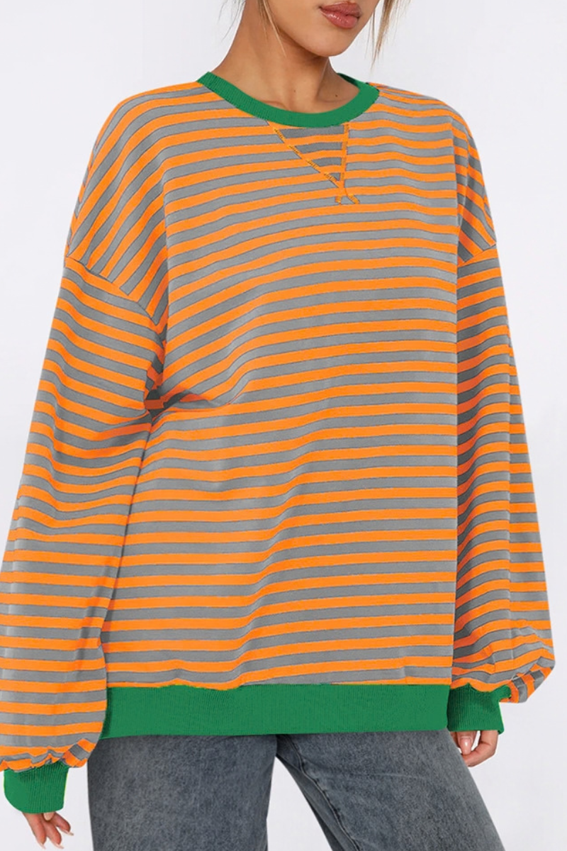 Women Fall Contrast Striped Lantern Sleeve Loose Sweatshirt