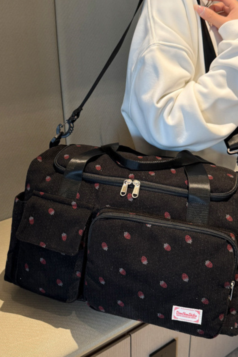 Strawberry Print Corduroy Multi-Pocket Travel Duffel Bag