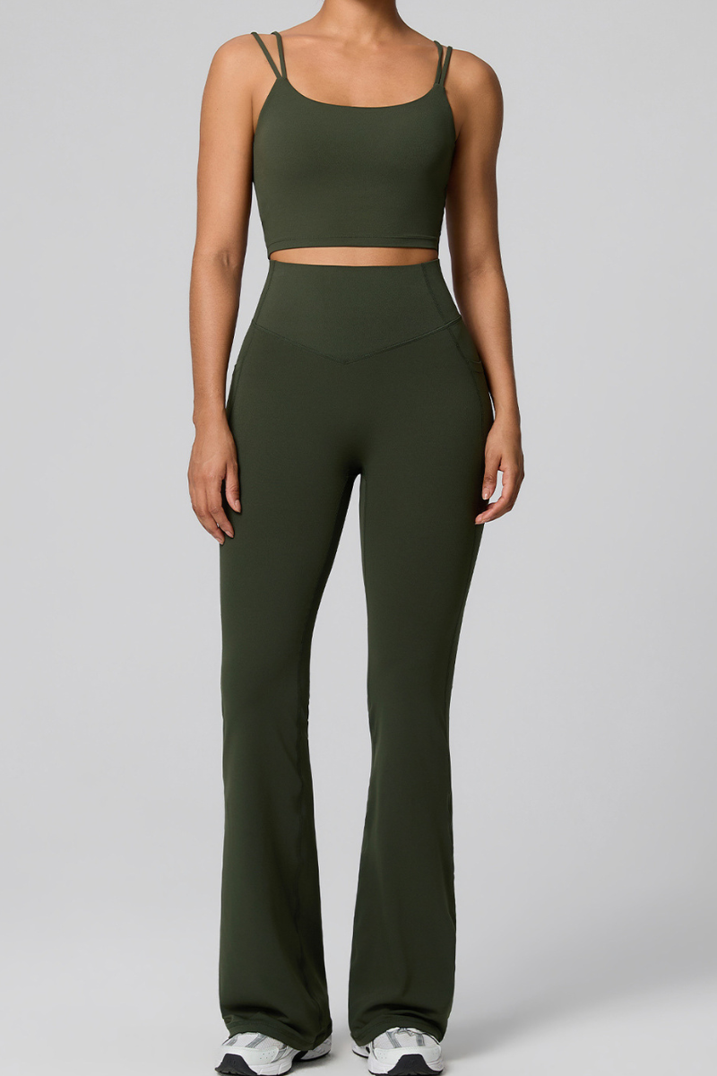 Women's Double Strap Twist Back Cami & Flare Yoga Pants Set
