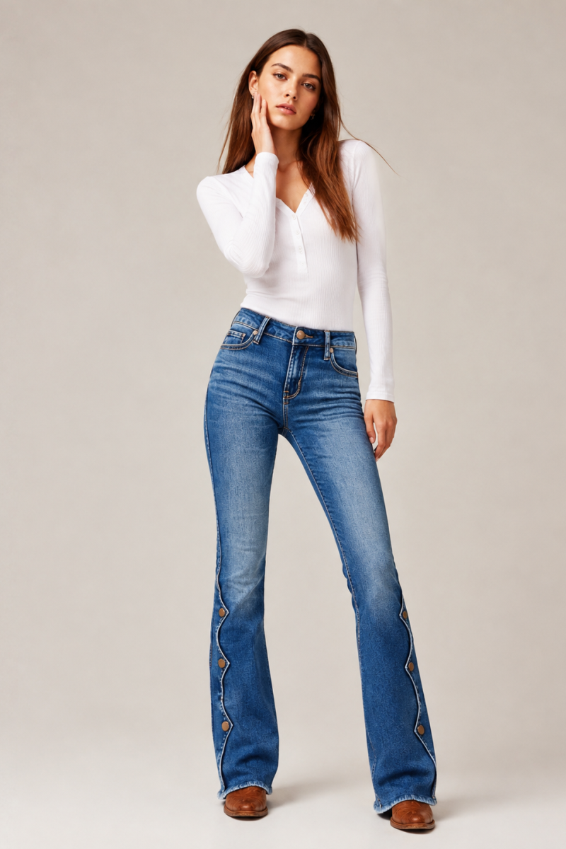 Women's High Waist Flare Jeans with Side Button Details