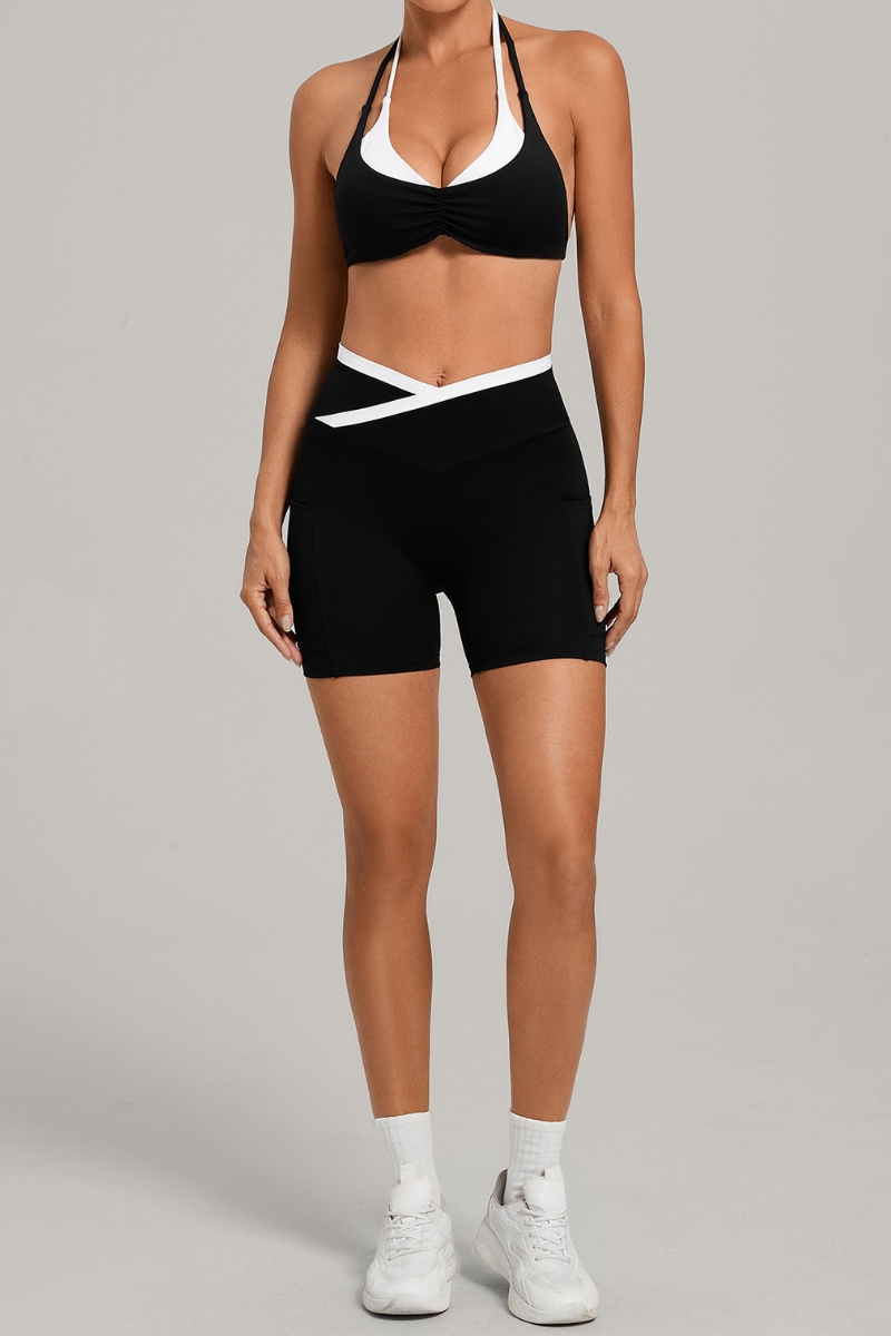 Women's Color Block Set:Halter Bra & V Waist Pocket Shorts