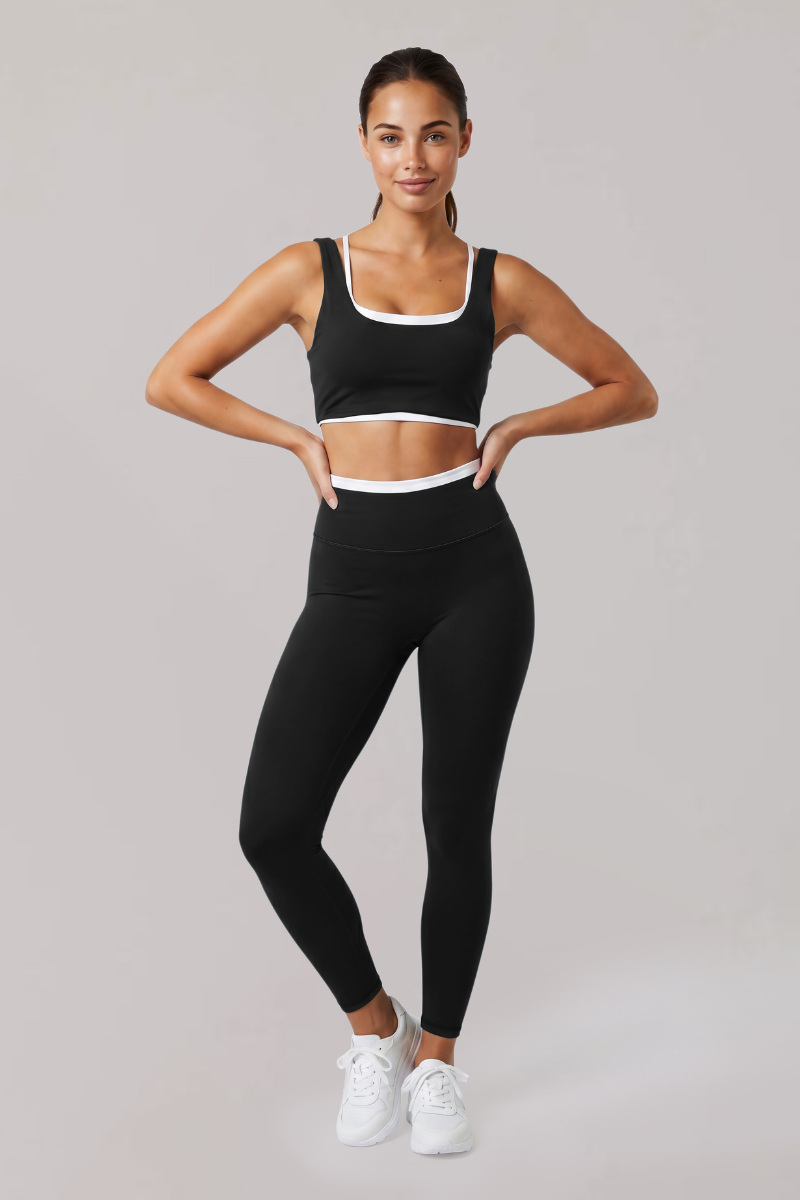 Women's Faux Two-Piece Color Block Bra And Leggings Yoga Set