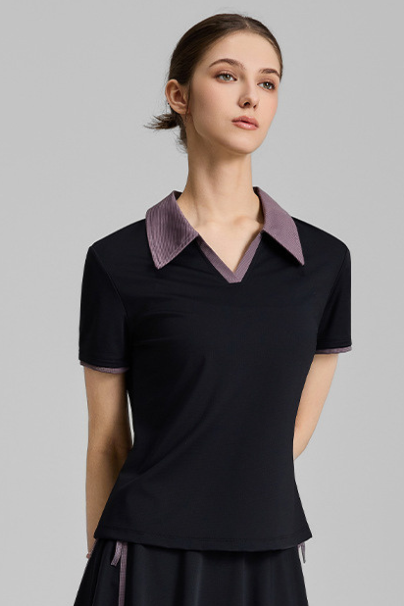 Women's Color-Block Polo V-Neck Sports Tennis T-Shirt
