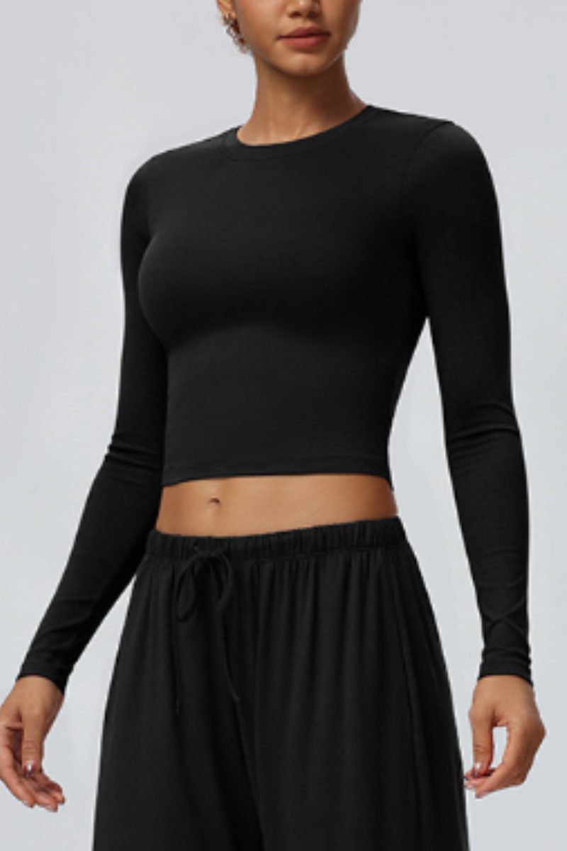 Women's Crew Neck Cropped Long Sleeve Athletic Top