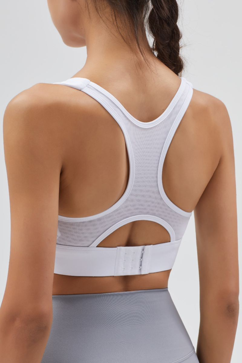 Women's Front Zipper Racerback Back Mesh Panel High Impact Sports Bra