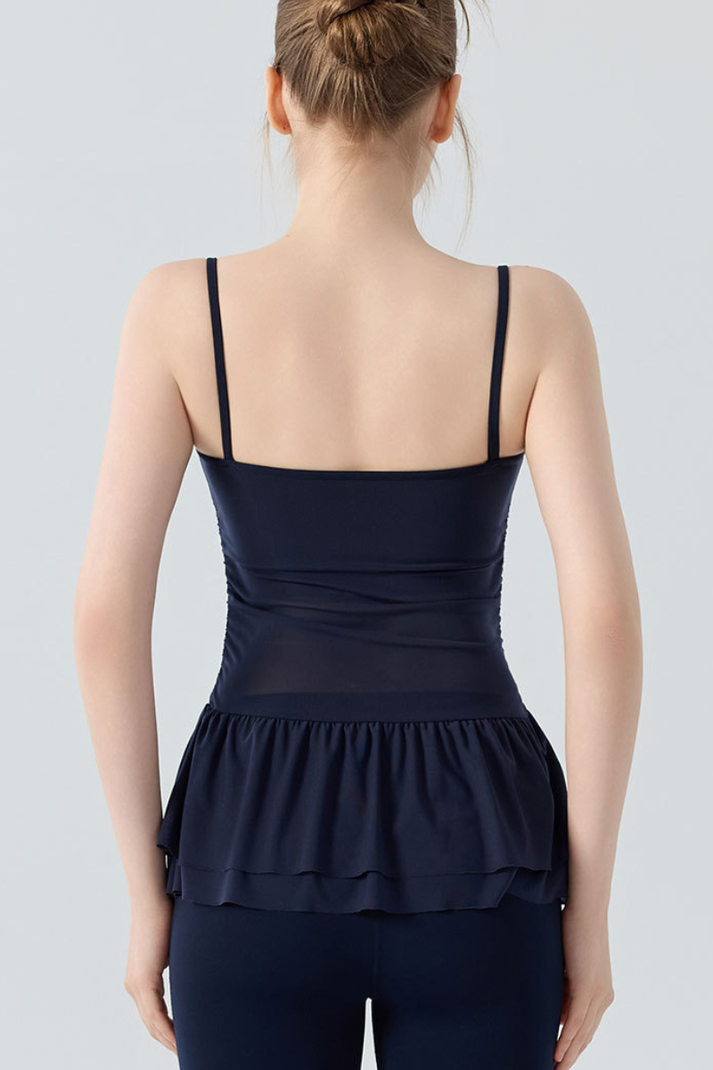 Women's Double Ruffle Hem Mesh Ruched Waist Yoga Cami