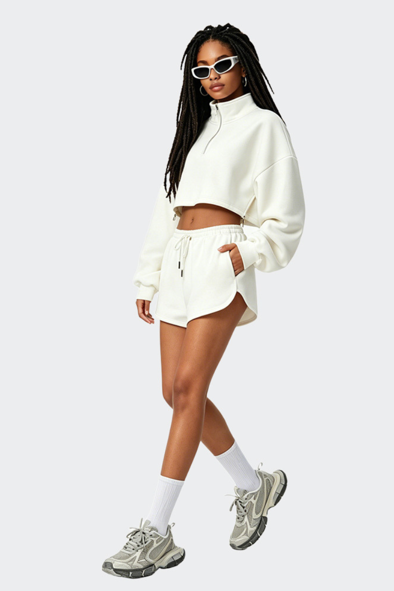 Women's Fall Half Zip Stand Collar Sweatshirts And Drawstring Shorts