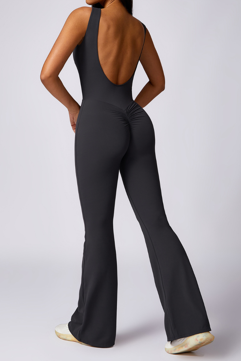Women Pleated Buttocks Lift Padded Flared Leg Yoga Jumpsuit