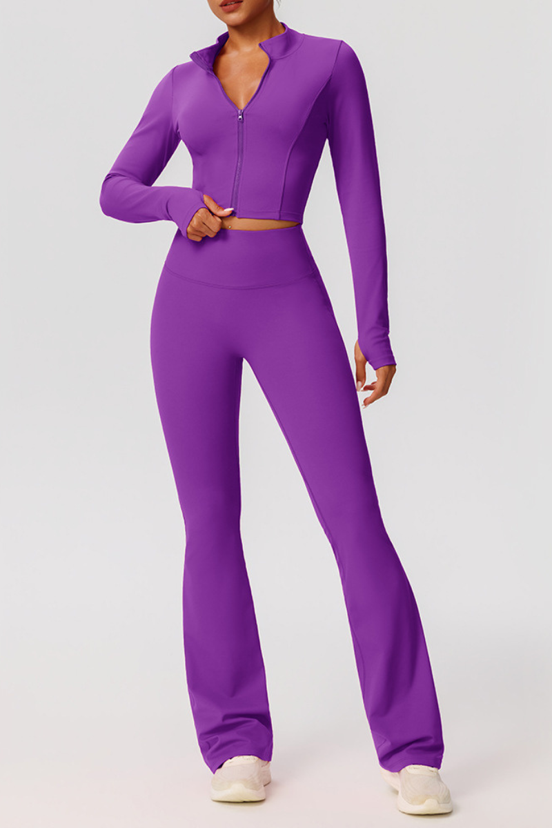 Women's Activewear Set:Stand Collar Jacket + Flare Pants