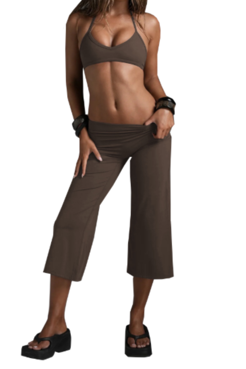 Women's Halter V-Neck Triangle Cup Sports Bra & High-Waist 7/8 Wide-Leg Yoga Pants Set