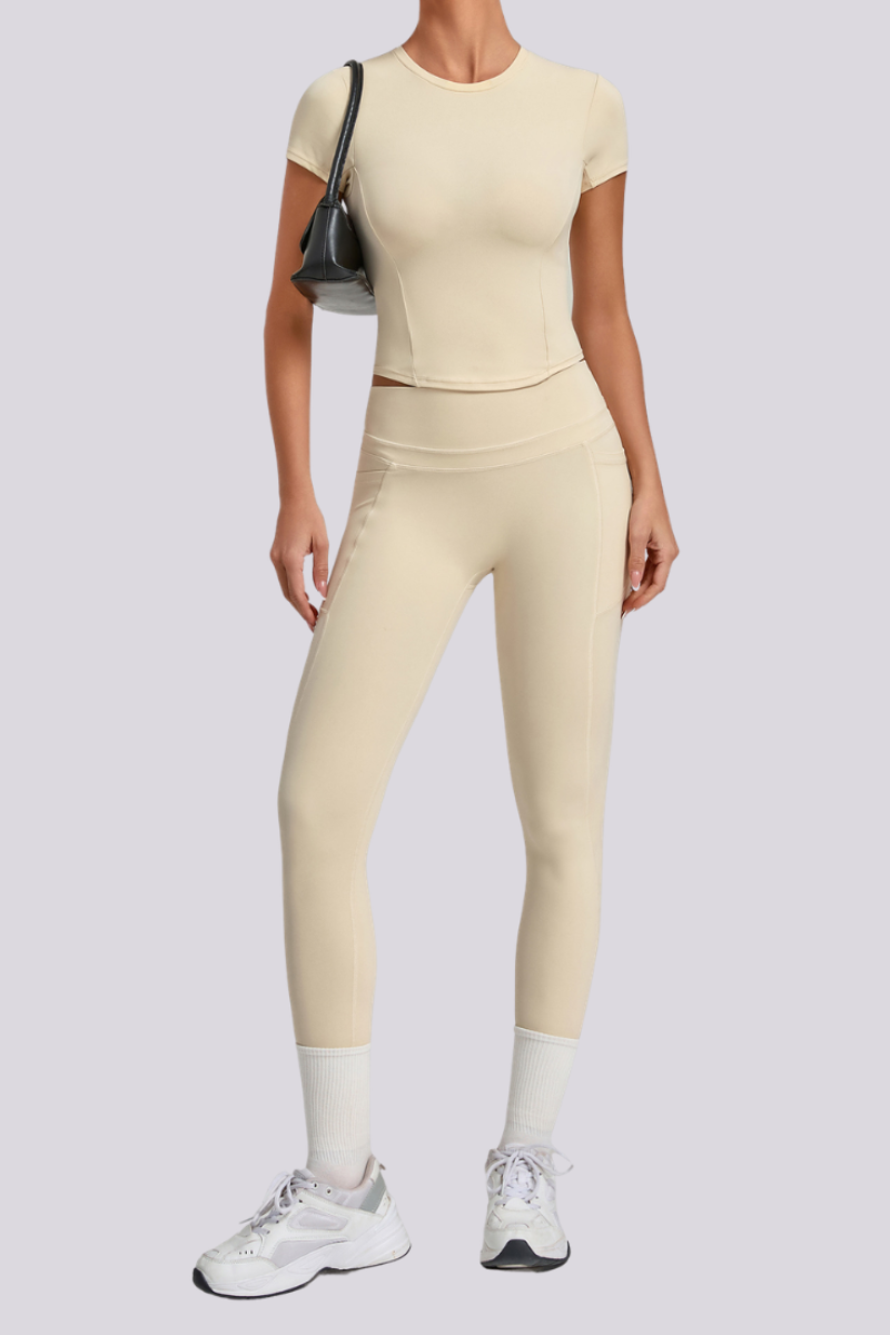 Women's Crew Neck T-shirt Pocket Leggings Yoga 2 Piece Set