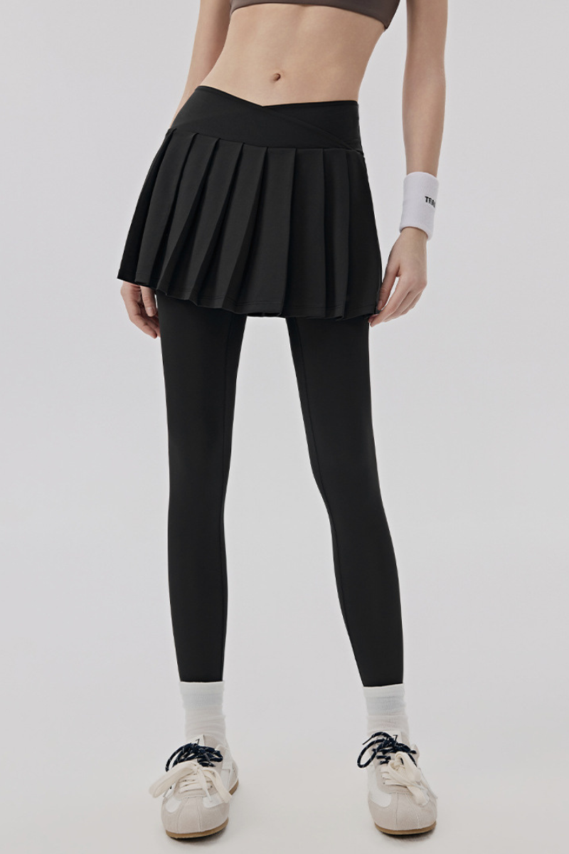 Women's Athletic Crossover Waist 2-in-1 Pleated Yoga Skirt Leggings