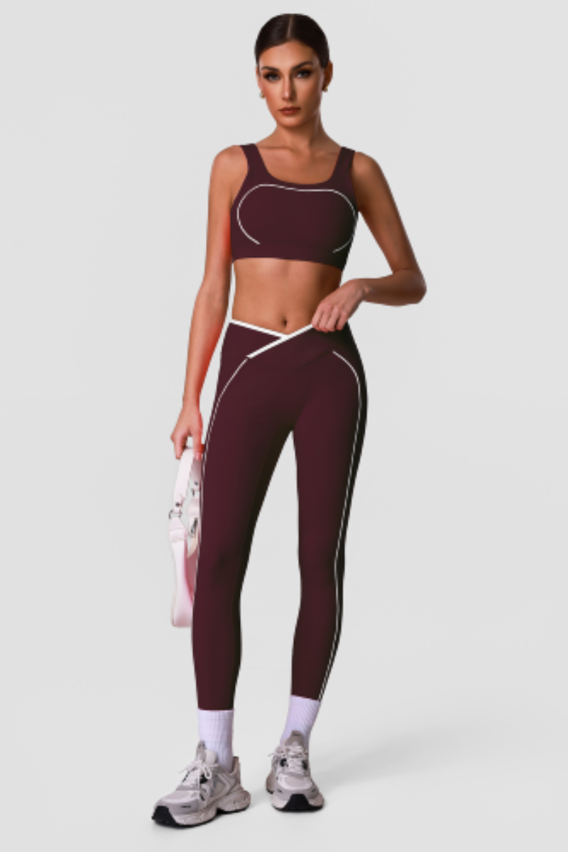 Women's Contrast Line Sports Sets:Bra And V-Waist Leggings