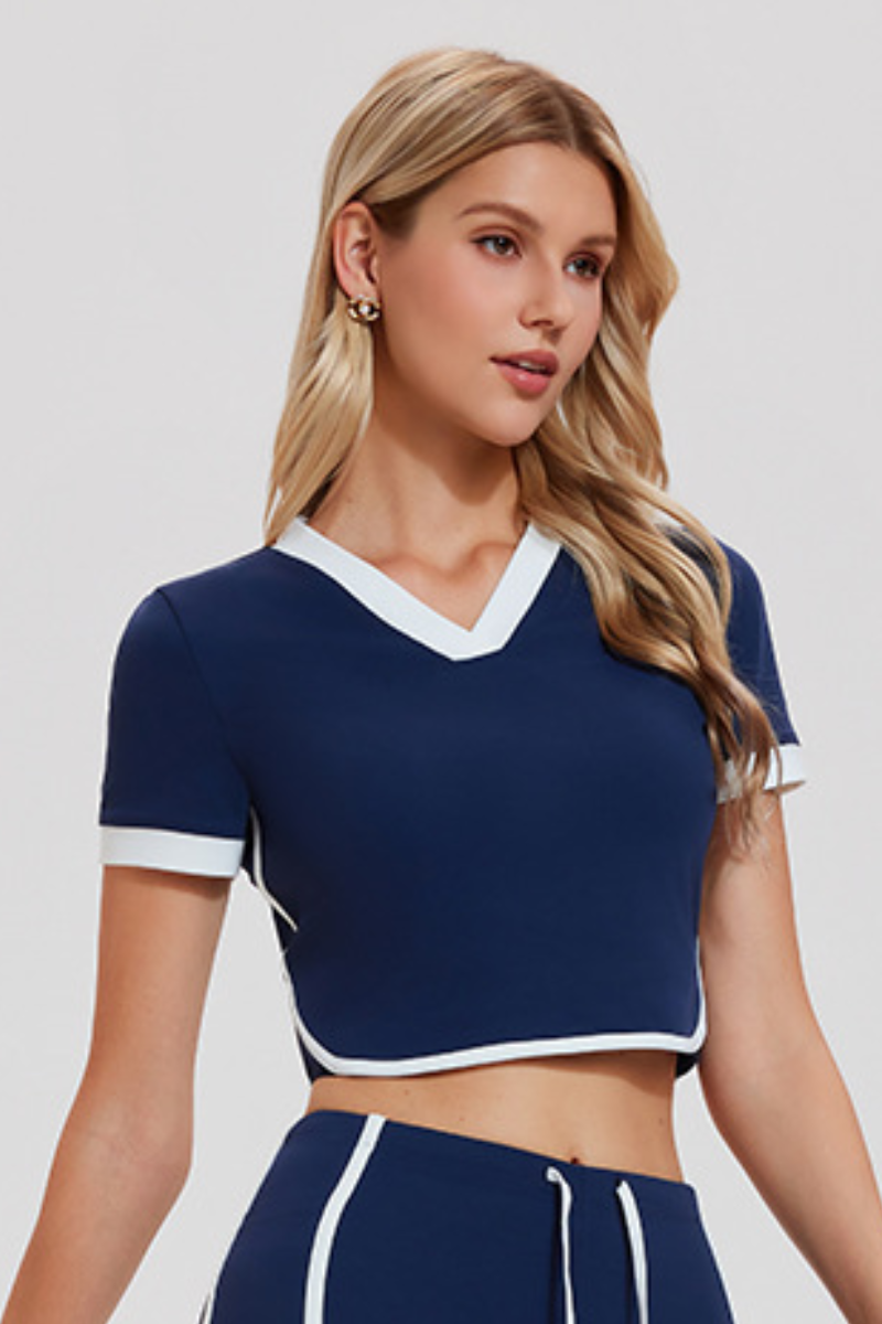 Women's Contrast Trim V-Neck Cropped Tennis T-shirt