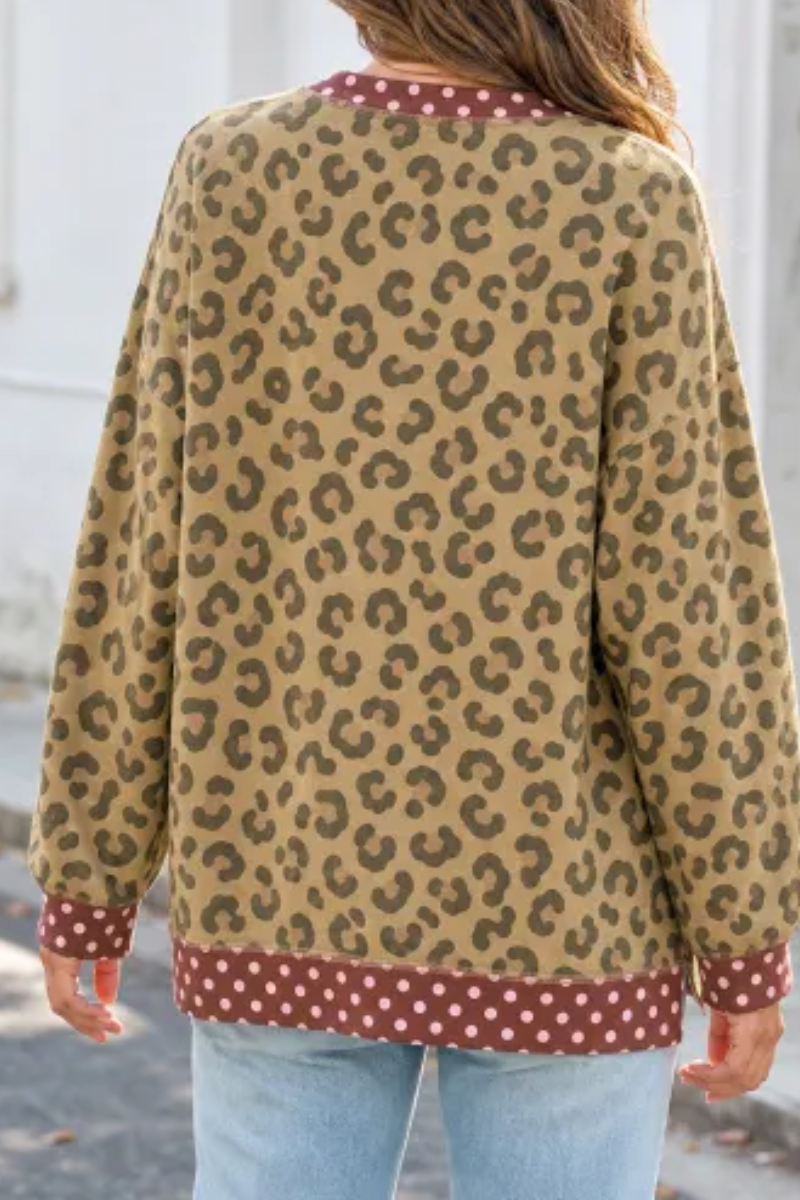 Women's Fall Leopard Polka Dot Contrast Splicing Pullover