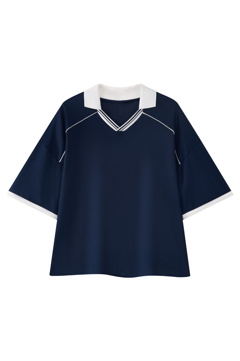 Men's V-Neck Contrast Trim Polo Collar Sports T-shirt