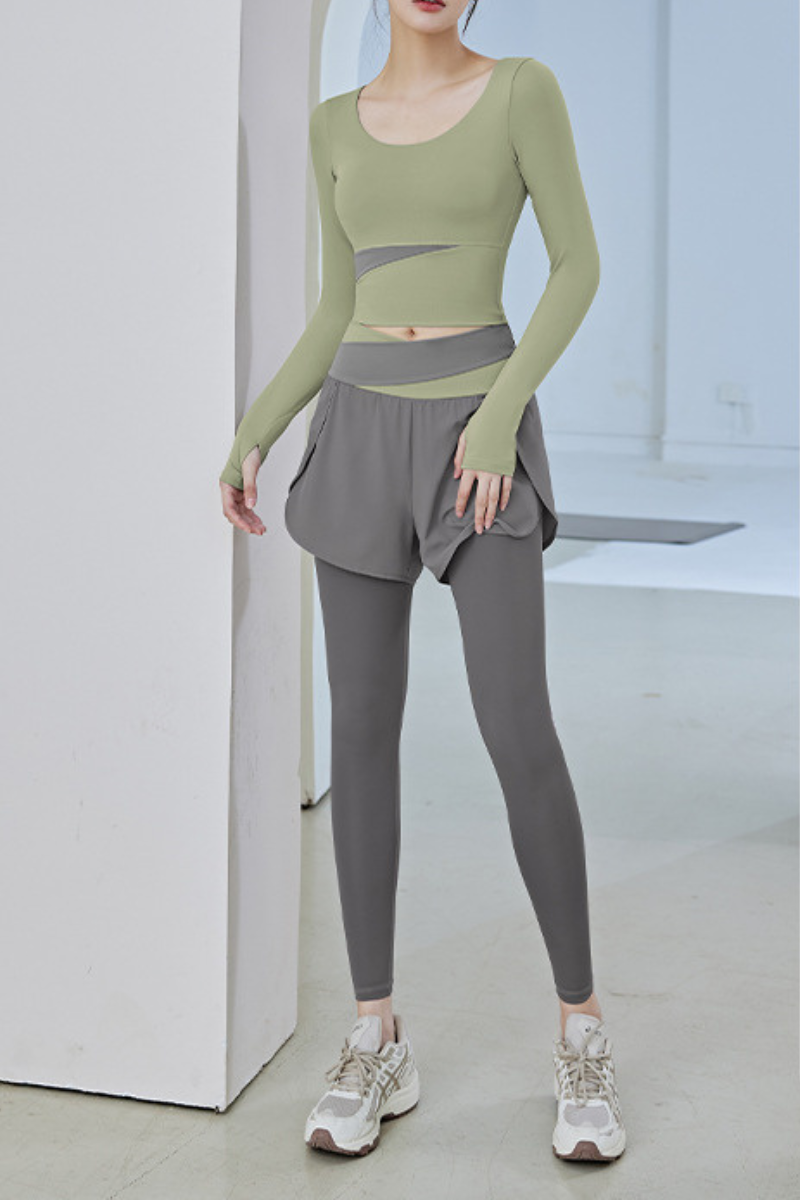Women's Athletic Sets:Long Sleeve Top& 2-in-1 Shorts Leggings