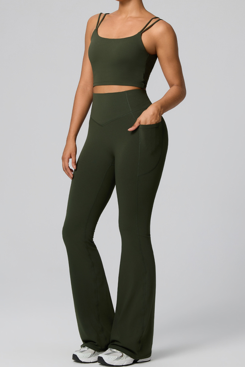 Women's Double Strap Twist Back Cami & Flare Yoga Pants Set