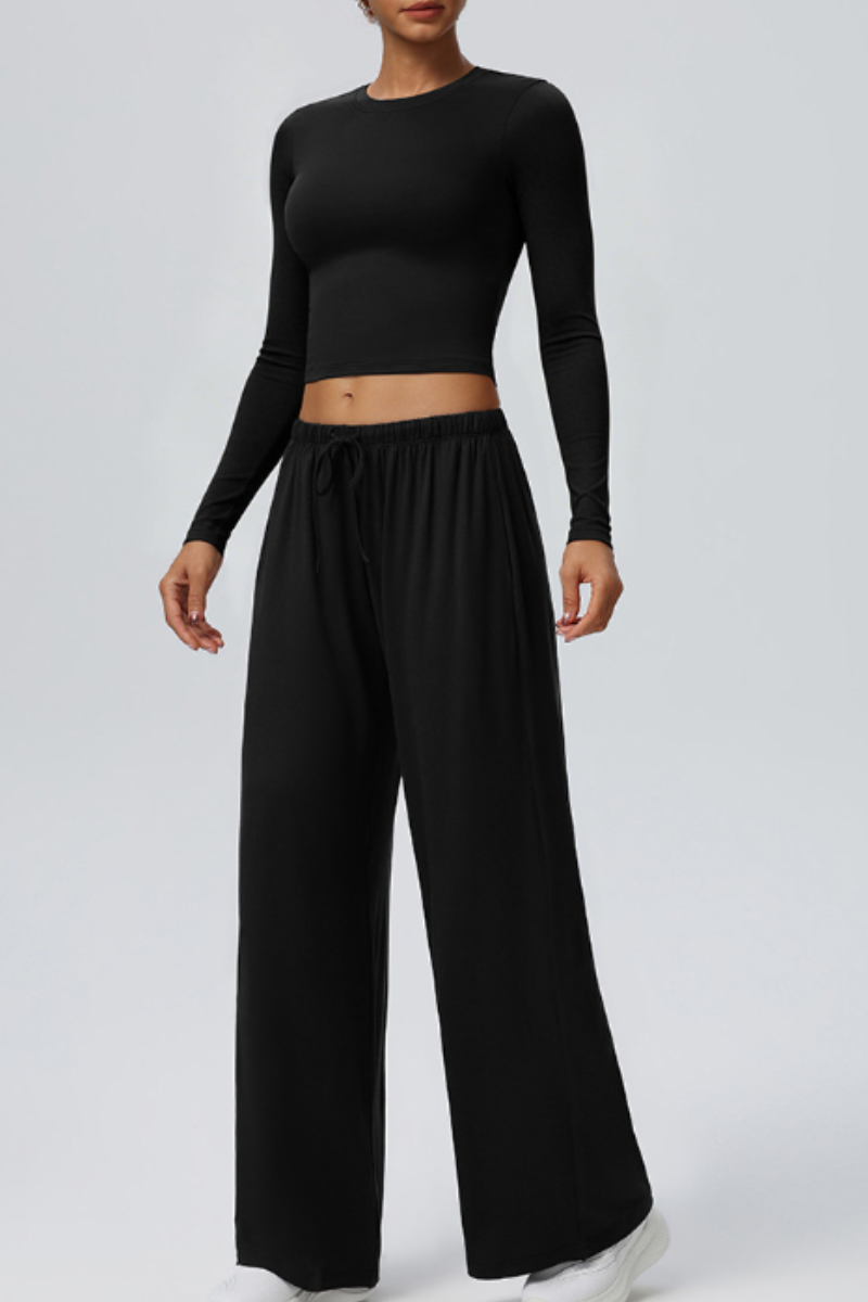Women's Crew Neck Cropped Top and Casual Pants 2 Piece Set
