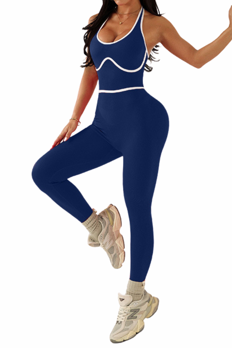 Women's Halter Cutout Back Striped Color-Block Yoga Jumpsuit