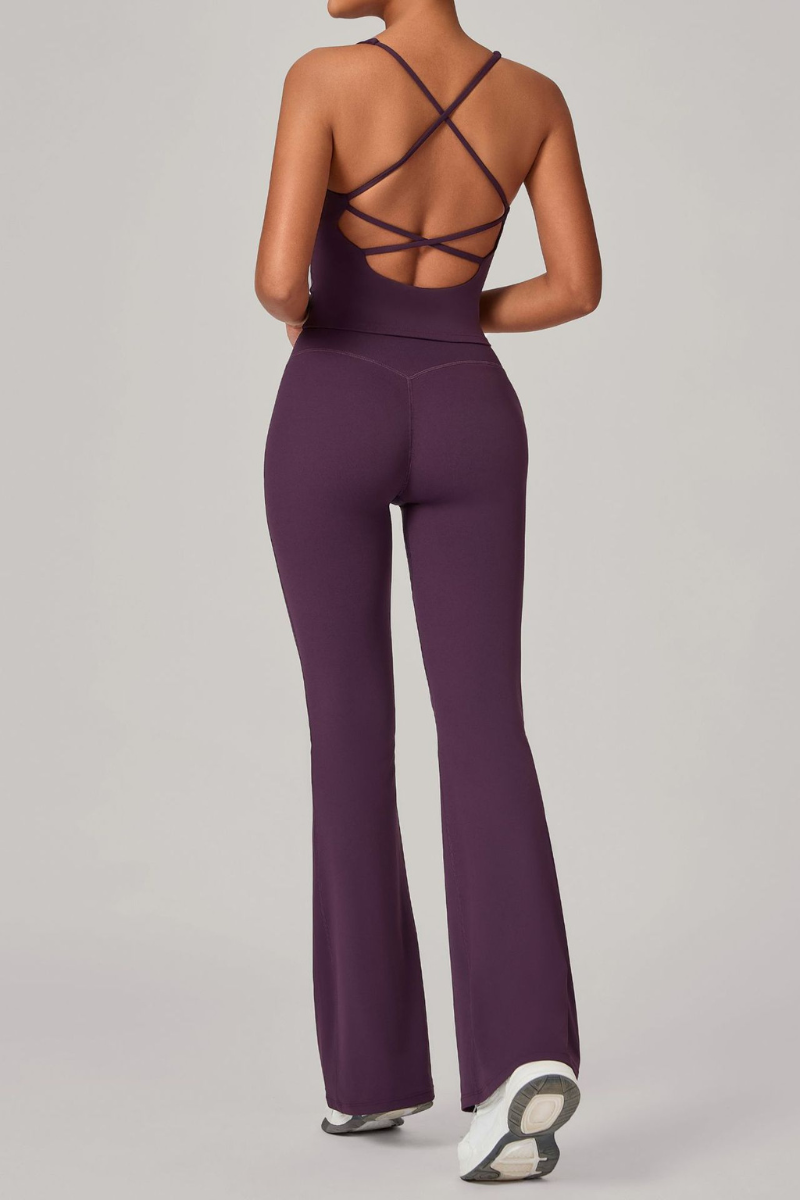 Women's Athletic Set:U-neck Cross Back Tank Top&Flare Pants
