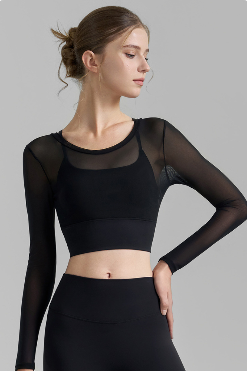 Women's Multi-Color Mesh Faux Two-Piece Cropped Yoga Top