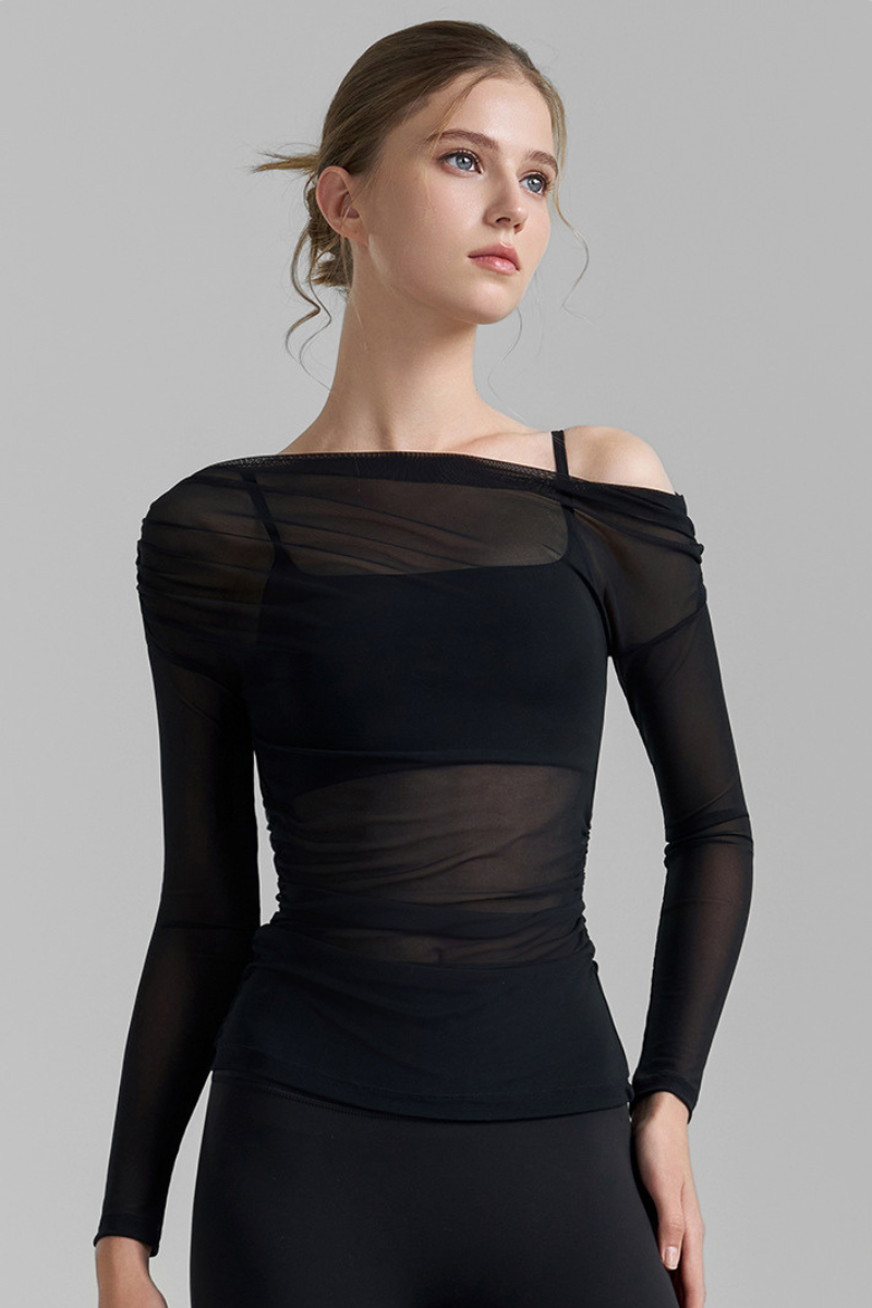 Women's Asymmetric  Shoulder Sheer Mesh Long Sleeve Yoga Top