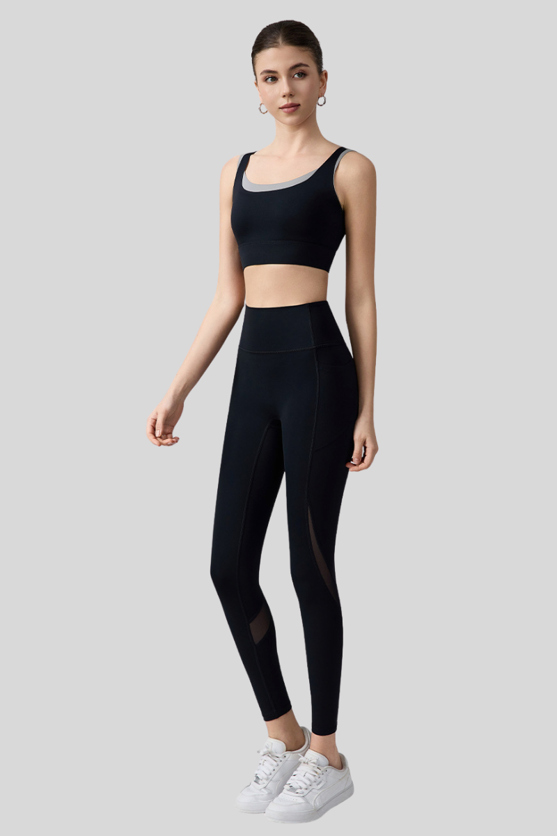 Women's Athletic Set:Color-Block Bra And Mesh-Panel Leggings