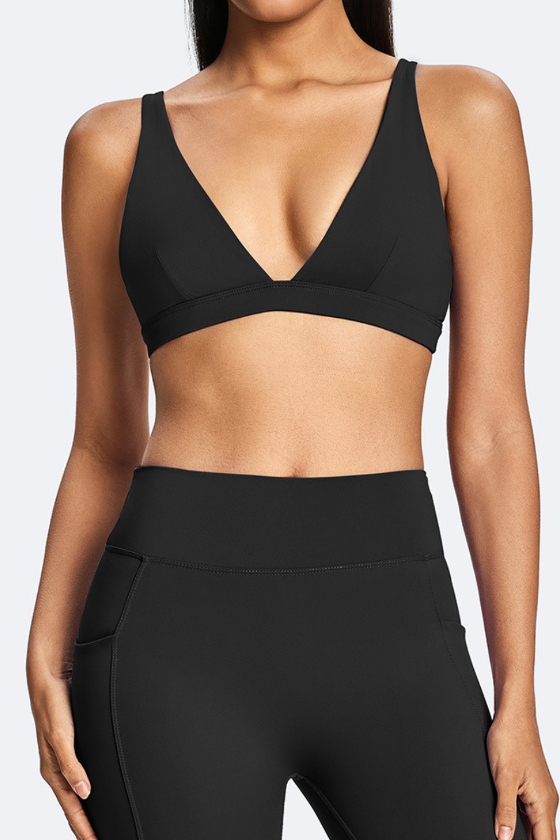 Women's Deep V  Neck Removable Pad Wide Straps Sports Bra