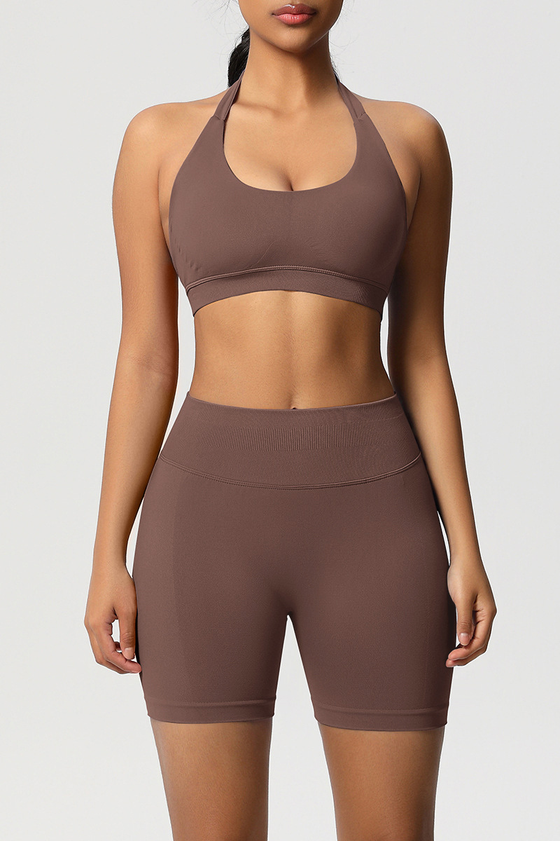 Women Halter Neck Yoga Set: High-Waisted Sculpting Shorts + Backless Sports Bra
