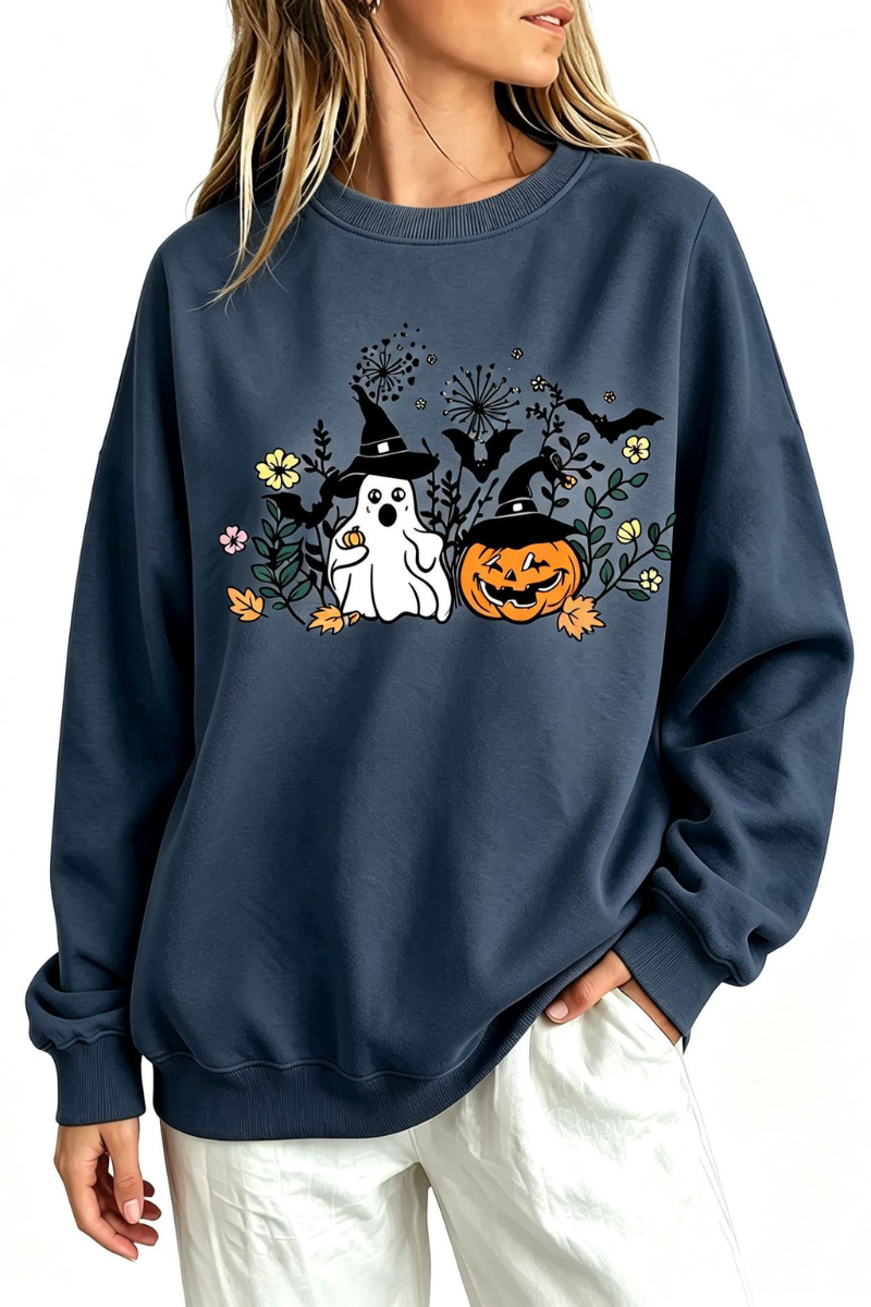 Women's Fall Halloween Witch Ghost Floral Horror Sweatshirt