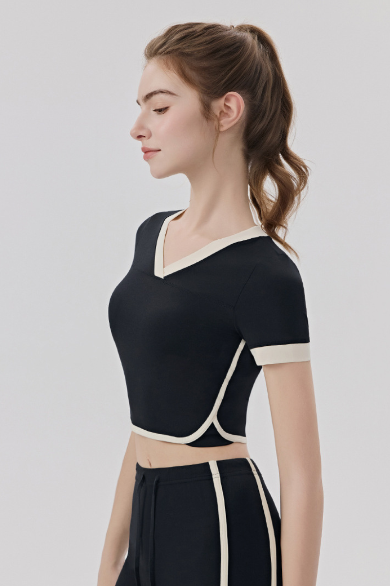Women Slim Color Block V neck Cropped Yoga Athletic Tee