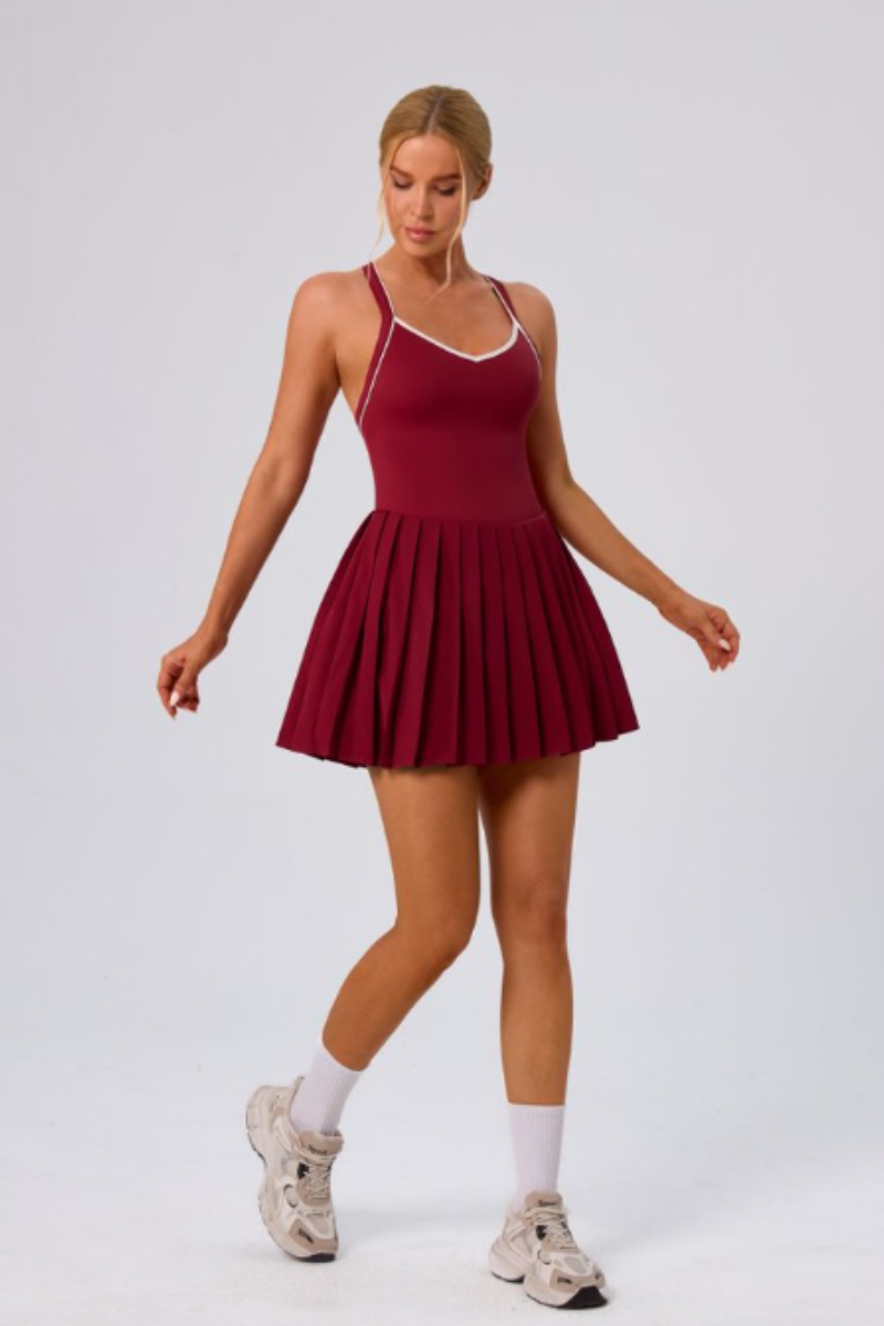 Women's Color Block V-Neck Cross-Back Pleated Tennis Dress