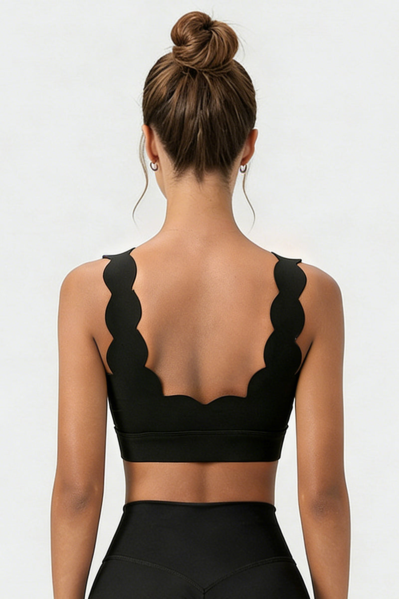 Women's  Solid Scalloped Edge V-Neck Sports Bra