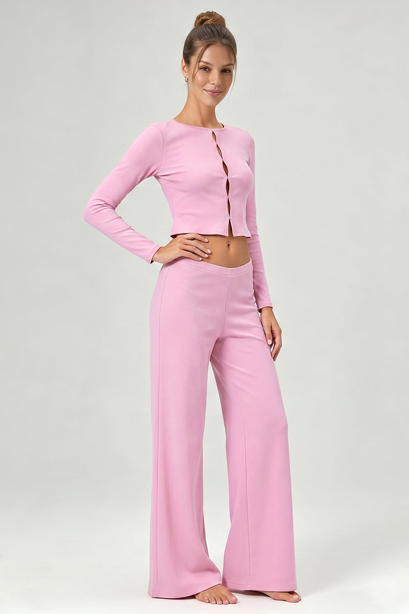 Women's Casual Top And Low-Rise Flowy Wide-Leg Pants Set