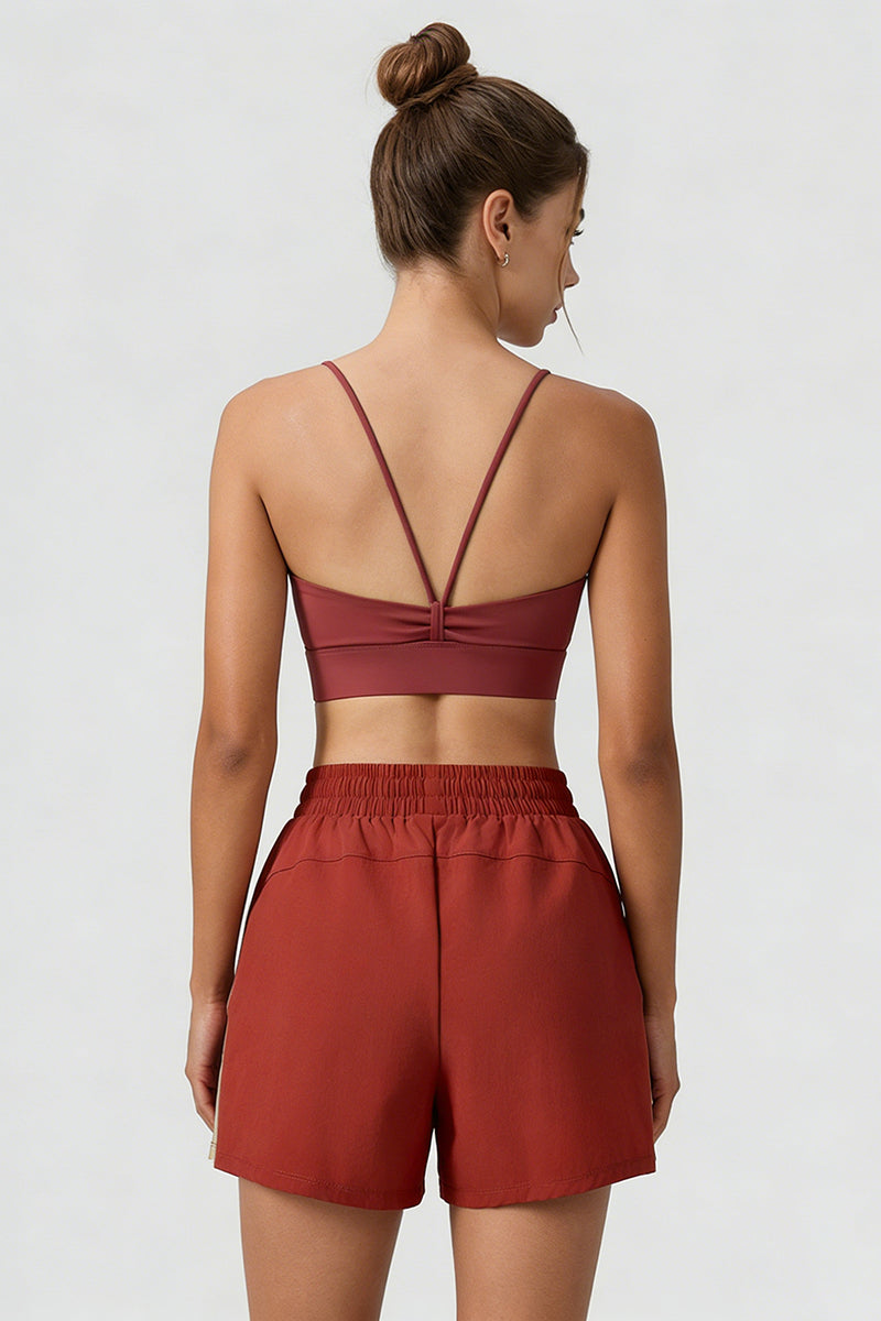 Women Sports Sets:Thin Strap Bra And  Side Pocket Shorts