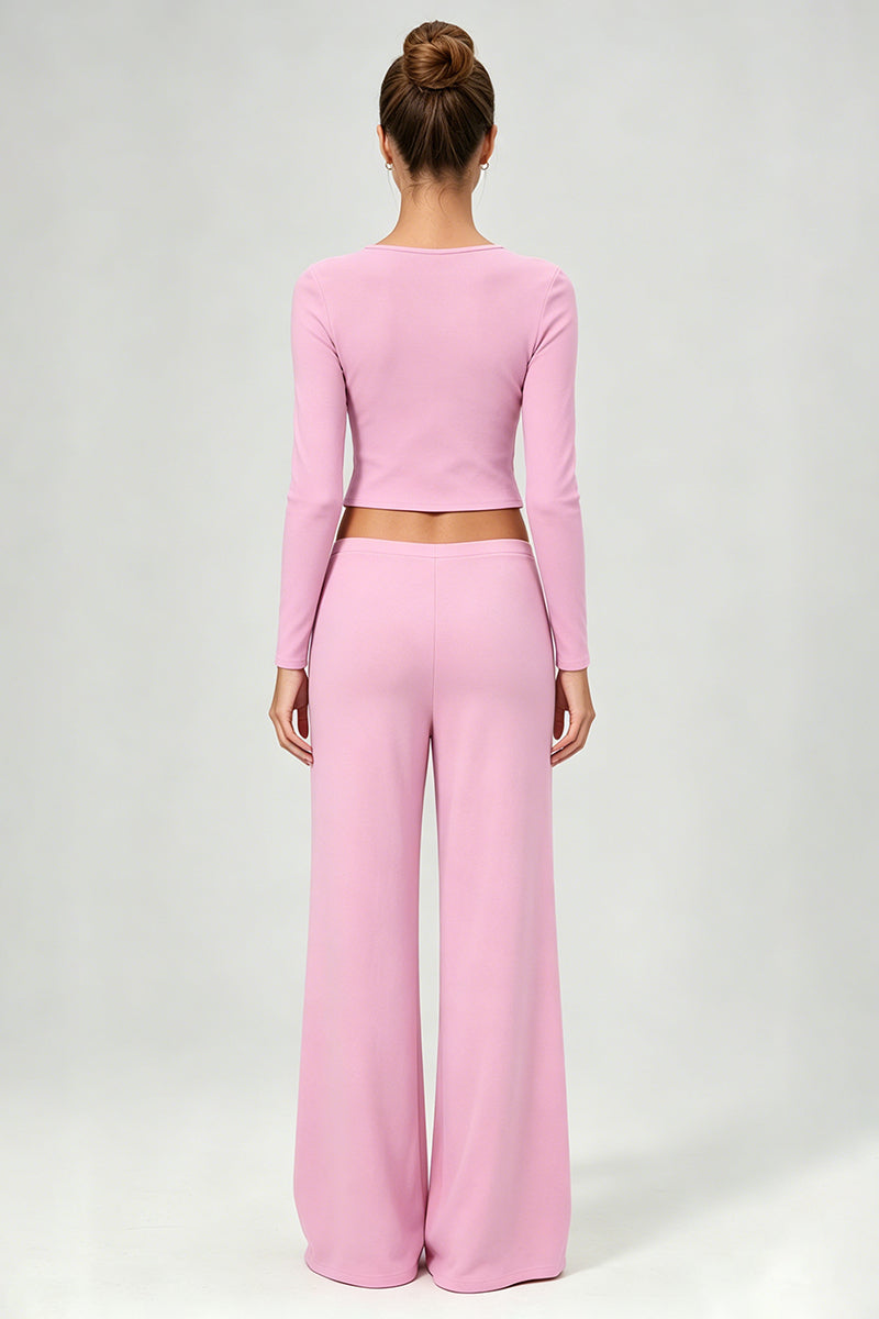 Women's Casual Top And Low-Rise Flowy Wide-Leg Pants Set