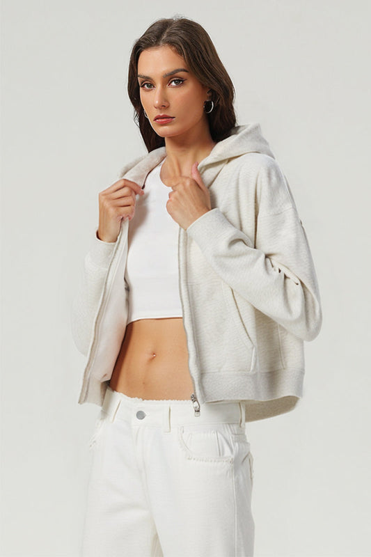 Women Cropped Double Zip Fleece Hoodie