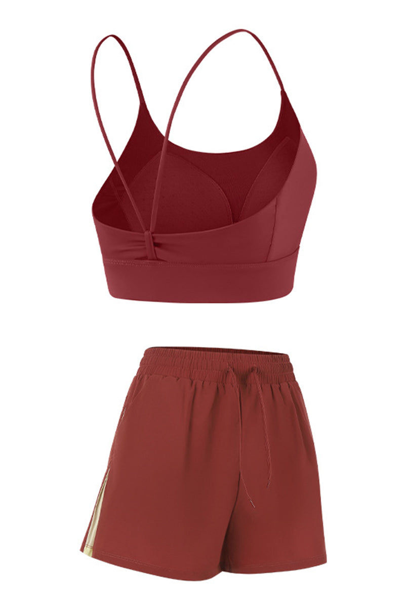 Women Sports Sets:Thin Strap Bra And  Side Pocket Shorts