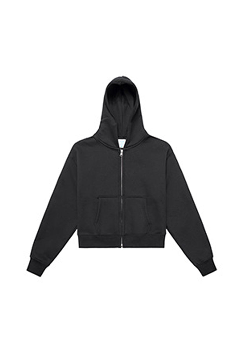 Women Cropped Double Zip Fleece Hoodie