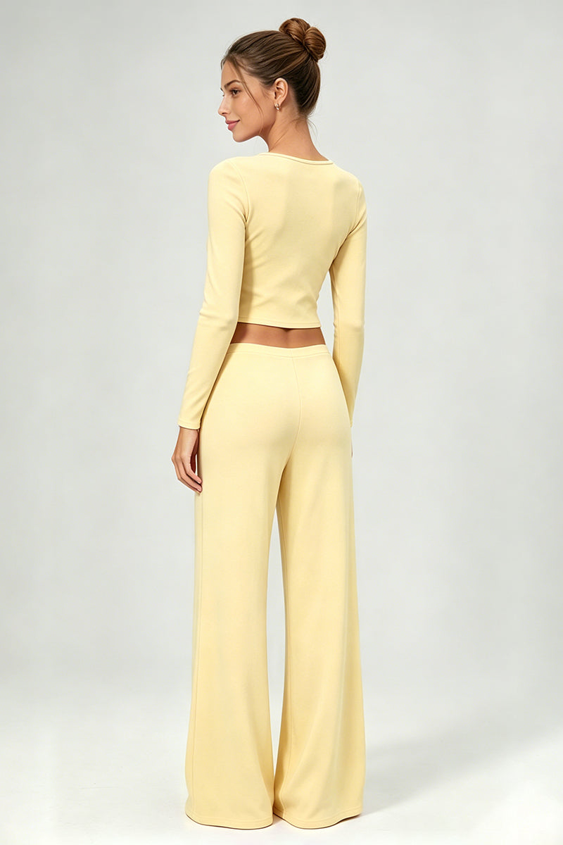 Women's Casual Top And Low-Rise Flowy Wide-Leg Pants Set