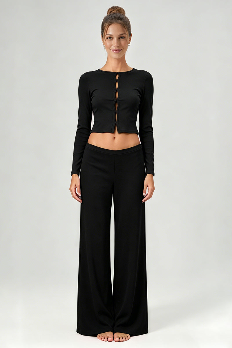 Women's Casual Top And Low-Rise Flowy Wide-Leg Pants Set