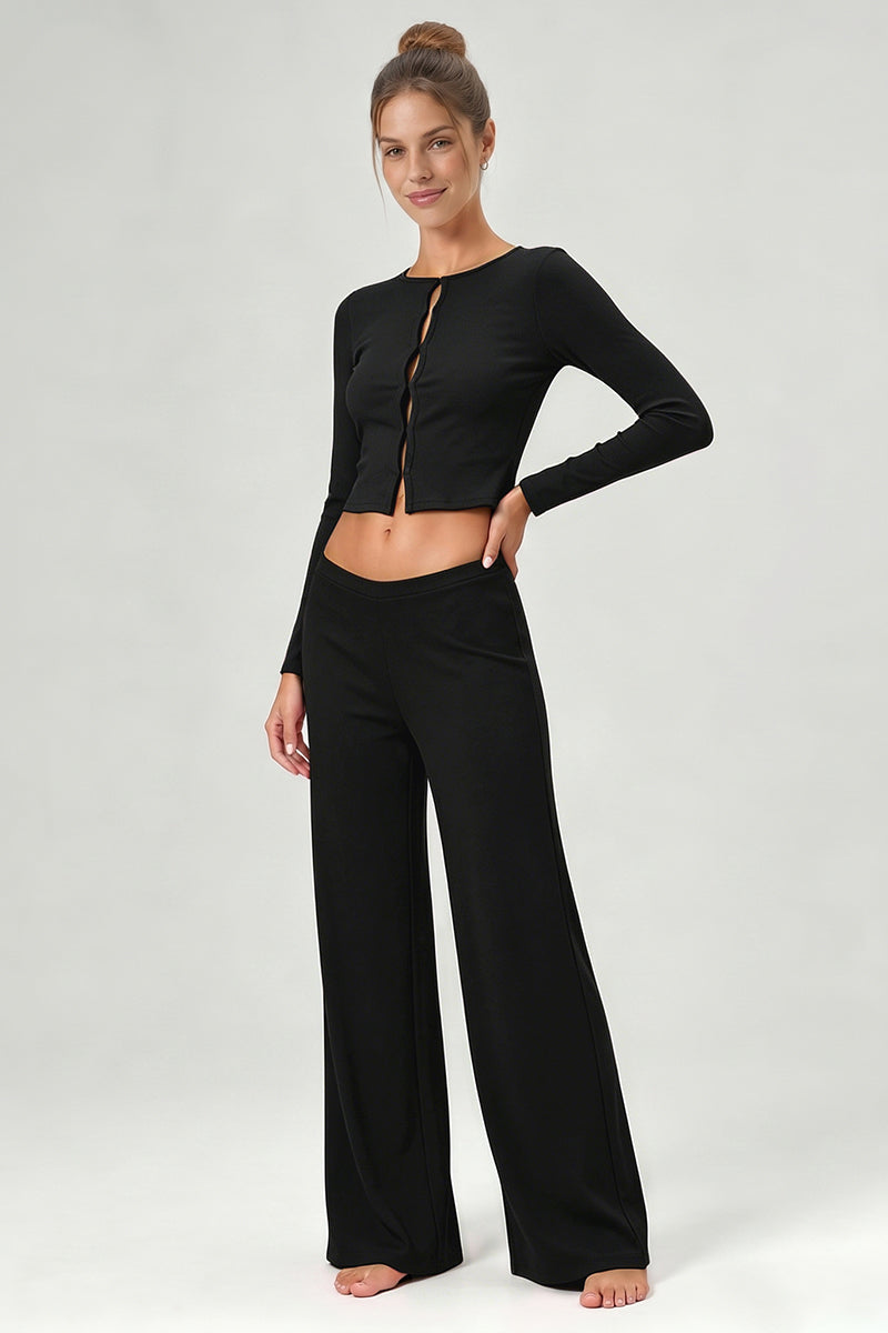 Women's Casual Top And Low-Rise Flowy Wide-Leg Pants Set